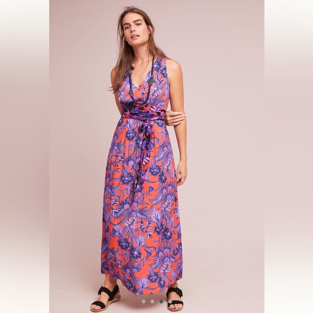 Anthropologie Purple and Orange Floral Maxi Dress
